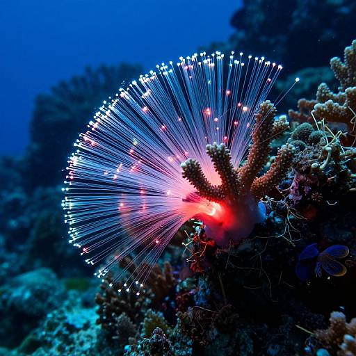 Photograph of a vibrant blue and pink sea anemone with glowing white tips, set against a dark blue underwater coral reef.