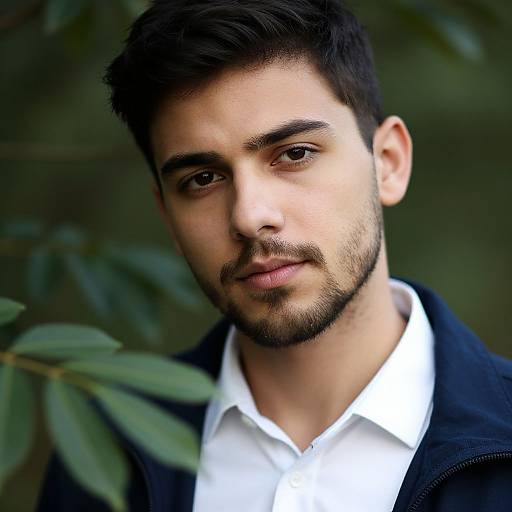Photograph of a young man with short black hair, light brown skin, and a trimmed beard, wearing a white shirt and black jacket, standing in