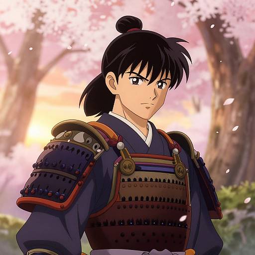 Digital anime-style illustration of a determined samurai with black hair in a topknot, wearing traditional dark armor, against a pink cherry blossom backdrop.