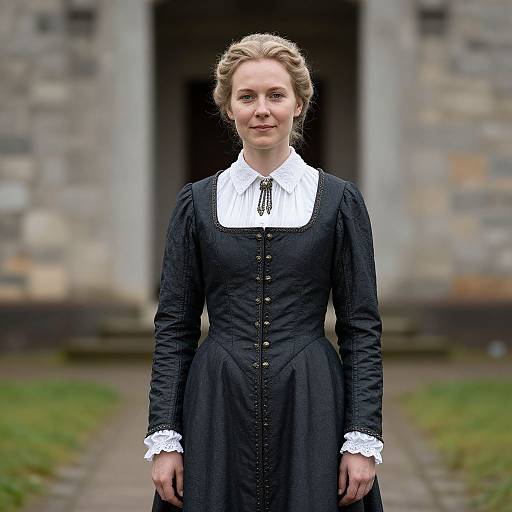 Photograph of a blonde woman with fair skin in a black Victorian-style dress with white lace cuffs, standing in front of a stone building.