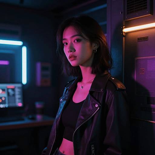 Cyberpunk Girl in Neon-lit Room