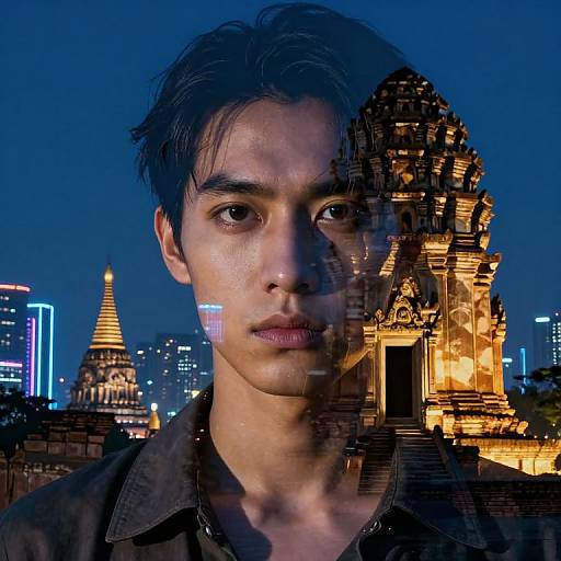 Photograph of an Asian man with short black hair, serious expression, against a nighttime cityscape with illuminated ancient temples and modern buildings. Reflections of