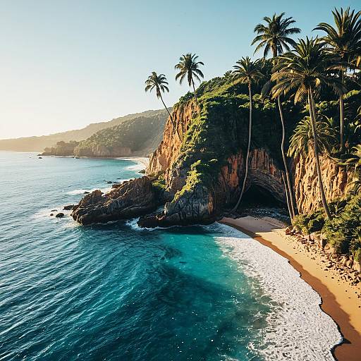 Sunlit Coastal Cliffs with Palm Trees and Clear Blue Water