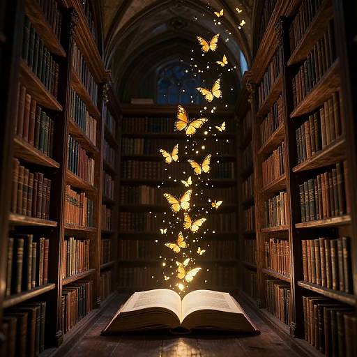 Photograph of a library with bookshelves on both sides, an open glowing book on the floor, and floating orange butterflies.