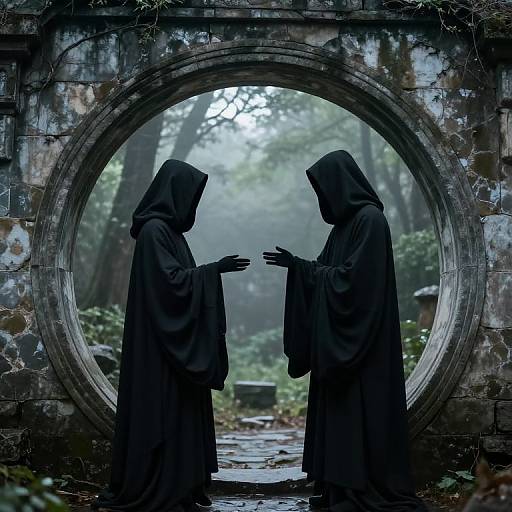 Mysterious Cloaked Figures in Forest