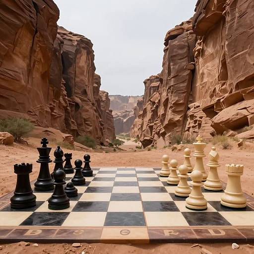 Photograph of a giant outdoor chessboard in a desert canyon with black and white pieces, surrounded by towering red rock cliffs.