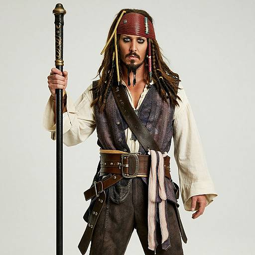 Photograph of a rugged pirate with long brown hair, red bandana, white shirt, and brown vest, holding a tall black staff. White background