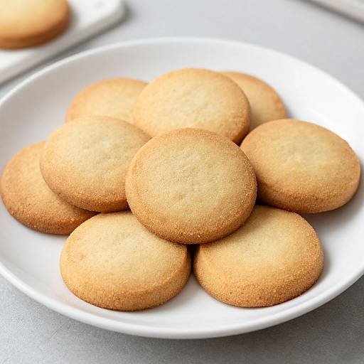Photograph of a white plate filled with seven round, golden-brown, textured cookies, slightly overlapping, on a gray surface.