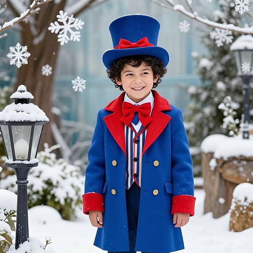 Photograph of a smiling young boy in a blue top hat, red bow, and blue coat with red trim, standing in a snowy garden adorned with