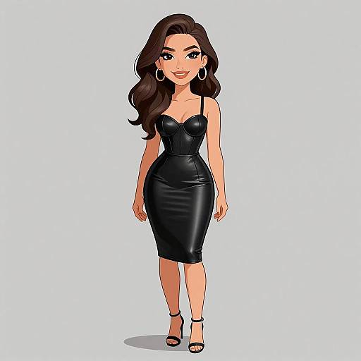 Digital illustration of a smiling woman with long brown hair, wearing a black leather strapless dress and black high heels, standing against a white background.