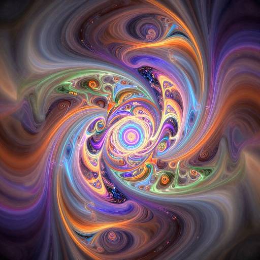 Digital abstract art featuring a vibrant, swirling vortex of colorful, glowing ribbons and patterns, with a bright, luminous center.