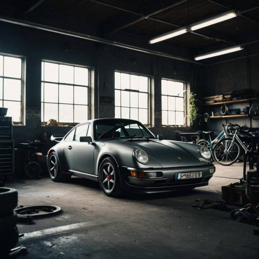 Matte Grey Porsche 911 Turbo in Bicycle Repair Shop