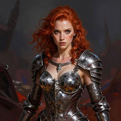 Digital painting of a fierce, red-haired woman in reflective, silver armor with intricate designs, standing in a dark, fantasy-like battlefield.