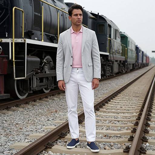 Photograph of a handsome Indian man in a light gray blazer, pink polo, white pants, and black sneakers, standing on a train track with