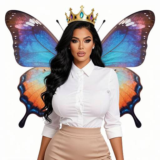 Photograph of a Latina woman with long black hair, wearing a white blouse, beige skirt, and golden crown, with large blue and orange butterfly wings