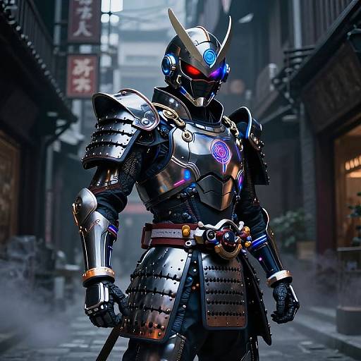 Cybernetic samurai robot with glowing blue and red eyes, metallic armor, and futuristic design, standing in a misty, neon-lit
