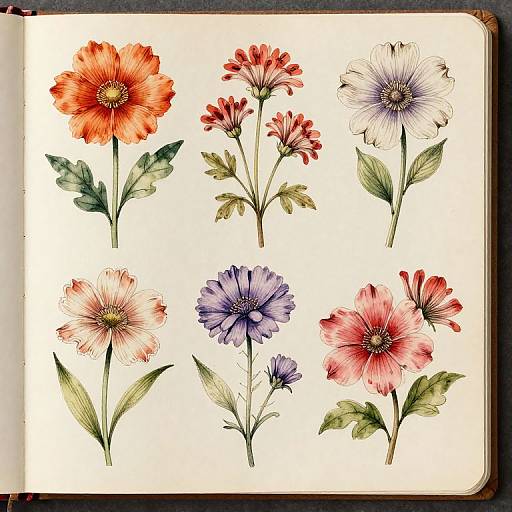 Watercolor botanical illustration of six flowers: orange, red, purple, white, pink, and red clusters, with green leaves, on white paper.