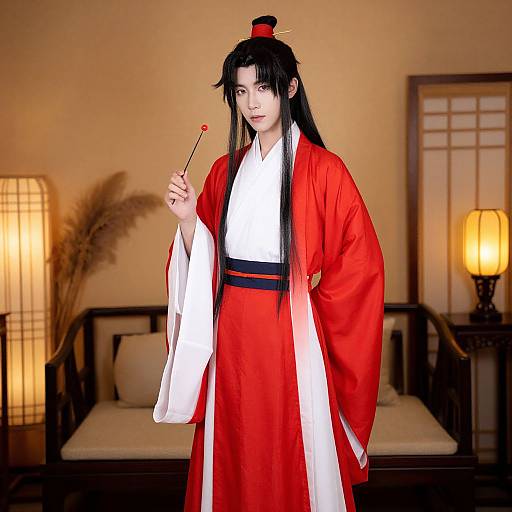 Photograph of an Asian woman in traditional Japanese red and white kimono, holding a red candy stick, standing in a warmly lit, wooden-furnished