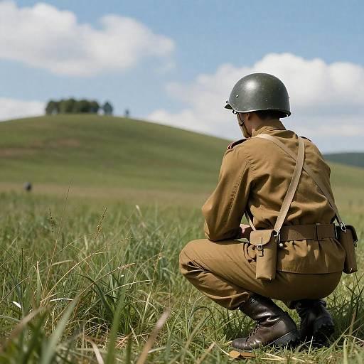 Crouching Soldier in Tall Grass