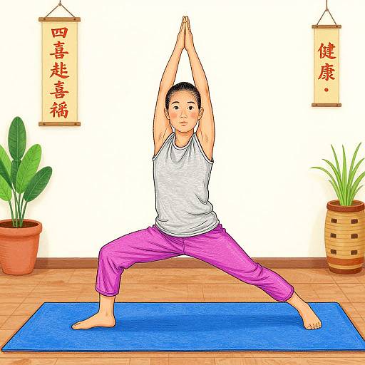 Illustration of an Asian woman in a white tank top and pink pants doing a yoga tree pose on a blue mat, with potted plants and Chinese