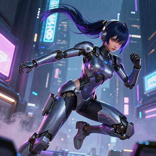 Digital artwork of a cybernetic woman with black hair in a ponytail, running through a neon-lit, rainy cityscape at night. She