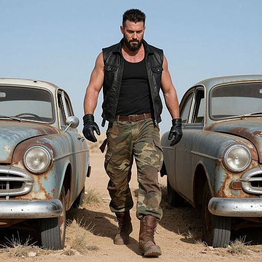 Muscular Man Walking Between Rusty Cars