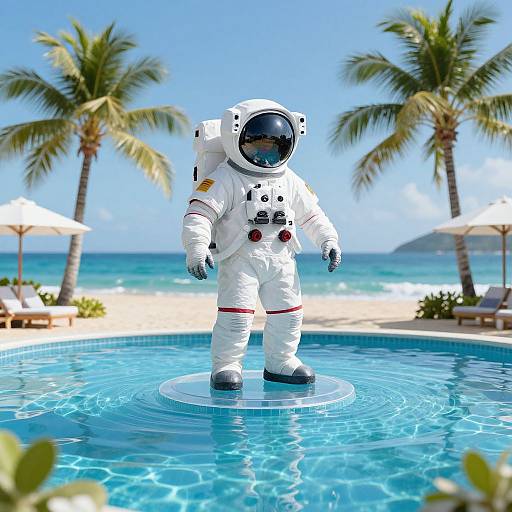 Hyper-Realistic Astronaut at Tropical Beach