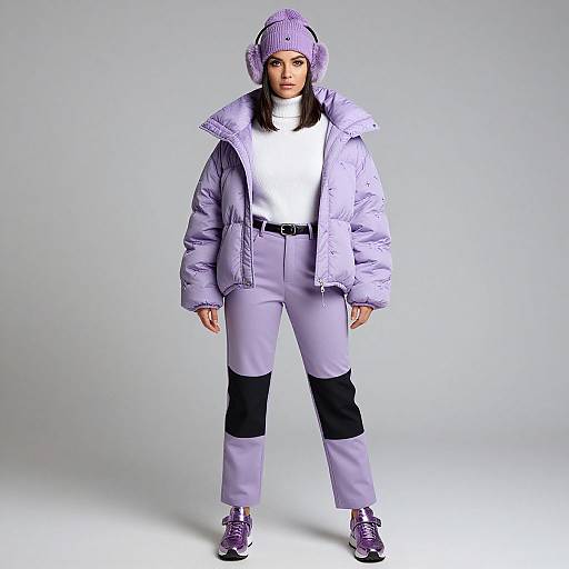 Photograph of a woman in a lavender puffer jacket, matching beanie, white turtleneck, light purple pants, black knee pads, and