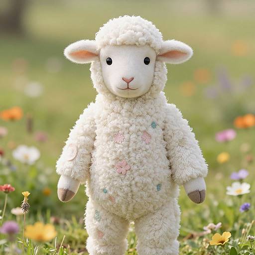 Photograph of a fluffy, white, felt sheep toy with pastel floral patches, standing in a sunny, colorful meadow with blurred flowers.