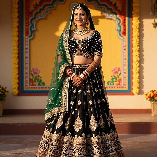 Photograph of an Indian bride in a black and green traditional lehenga with gold embroidery, standing in a sunlit, colorful decorated room.