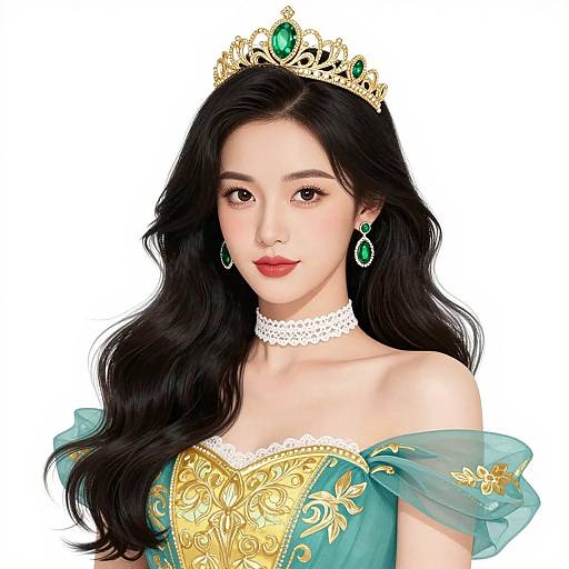 Digital illustration of an Asian princess with long black hair, green gemstone tiara, matching earrings, white lace choker, and teal gown with gold