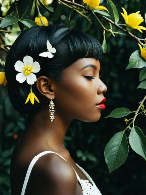 Profile of Woman with Floral Hair Ornaments and Butterfly