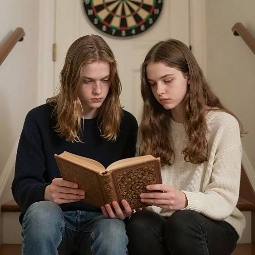 Teenagers Reading Old Book on Stairs