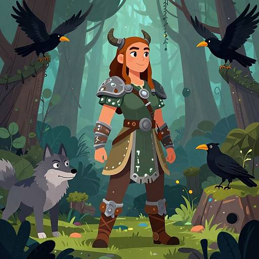 Digital drawing of a young female warrior with horns, green tunic, and armor, standing in a forest with a wolf and two black crows.