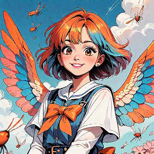 Orange-Eyed Winged Girl Flying Over City