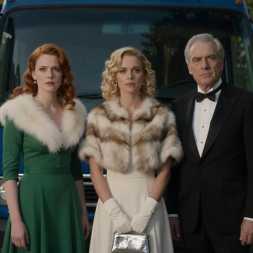 Three elegantly dressed people in vintage attire