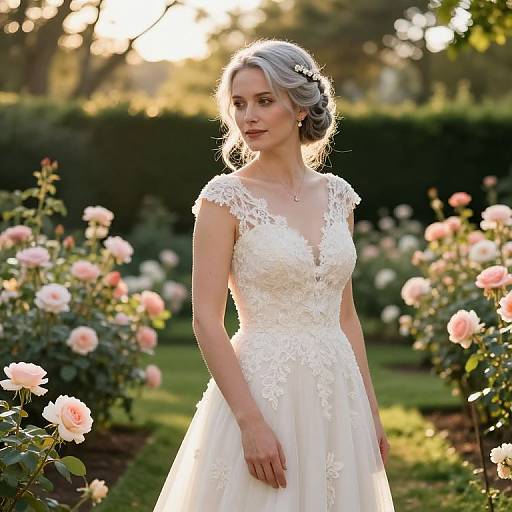 Photograph of a fair-skinned, blonde woman with an elegant updo, wearing a lace, V-neck, white wedding dress, standing in a