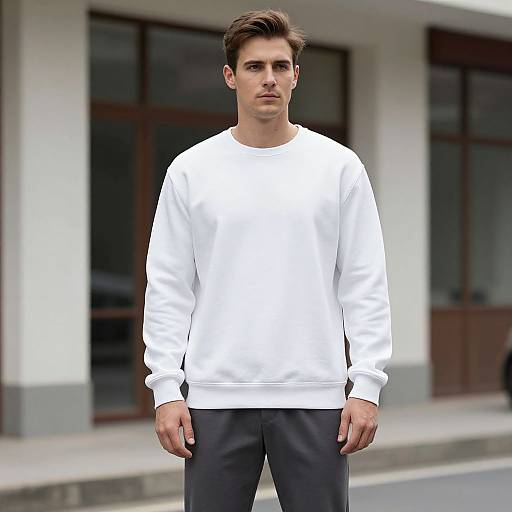 Photograph of a young, handsome man with short brown hair, wearing a plain white sweatshirt and dark pants, standing on a city street with modern