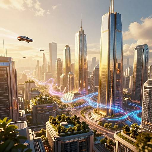 Photorealistic CGI of a futuristic cityscape at sunset, featuring towering skyscrapers, flying saucers, bright neon light trails, and bustling