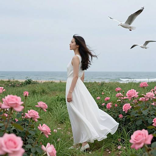 Graceful Woman Amidst Pink Roses