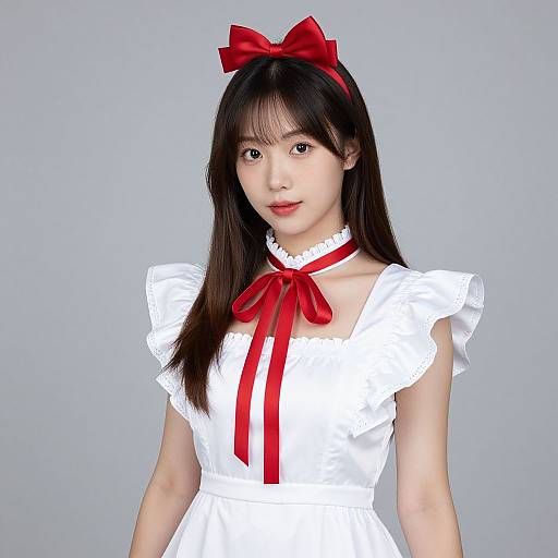 Photograph of an Asian woman with long black hair, wearing a white frilled dress, red ribbon bow, and matching red ribbon choker, against