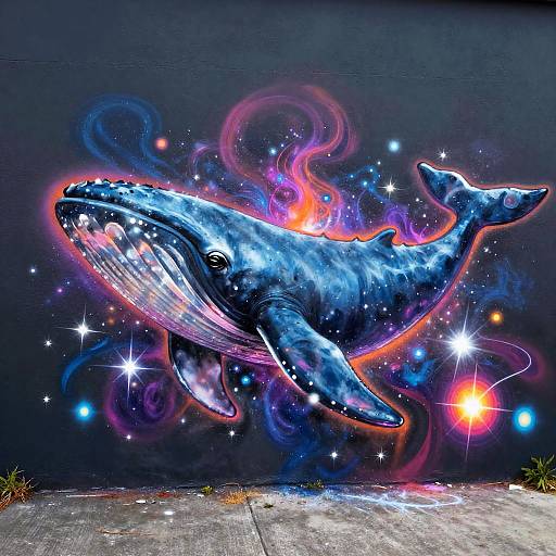 Celestial Whale Cosmic Vaporwave Graffiti Mural