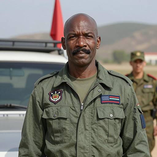 Bald Man in Military Jacket Outdoors