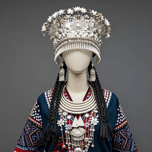 Photograph of a faceless mannequin wearing an elaborate, white, silver-crowned headdress and a detailed, patterned, blue and red