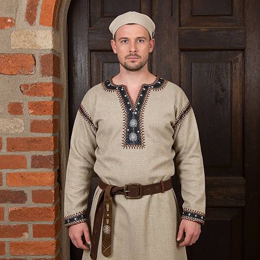 Photograph of a white man in medieval-style beige tunic with black embroidery, brown belt, white cap, standing in front of dark wooden door and