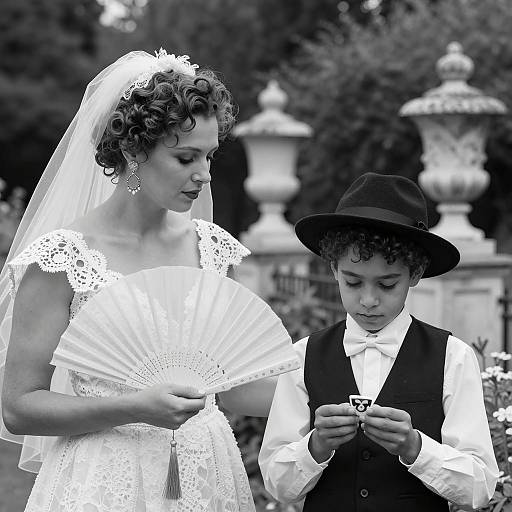 Elegant Mother and Son in Garden