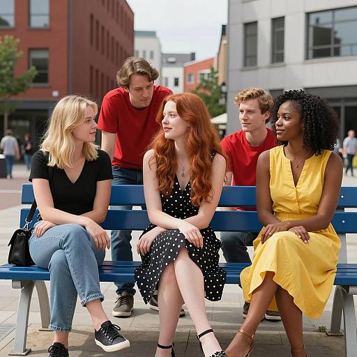 Urban Plaza Friends on Blue Bench