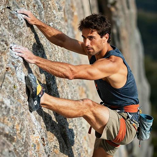 Photograph of a muscular, dark-haired male rock climber in a sleeveless navy shirt and beige shorts, gripping a textured rock wall, wearing climbing