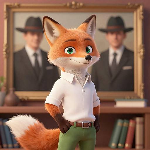 Playful Fox Before Framed Gentleman Portrait