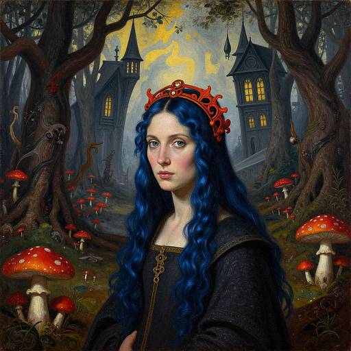 Baroque Gothic Woman in Mushroom Forest
